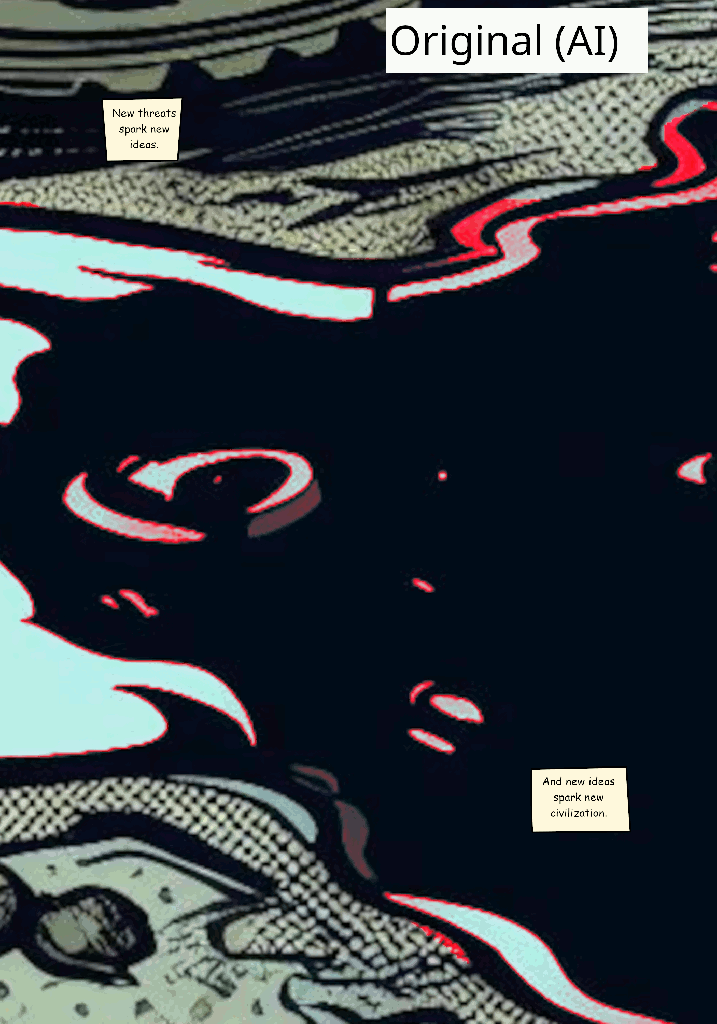 Animated comparison of early water page versus final version showing reflections and story history in a comic panel from Omega Children.